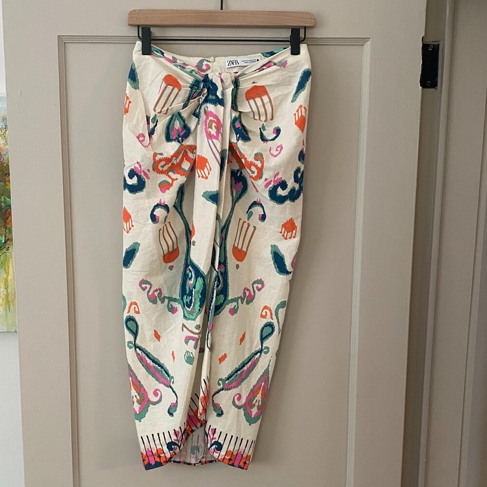 Zara Pareo Linen Blend Knot Wrap Look Midi Skirt: Size XS